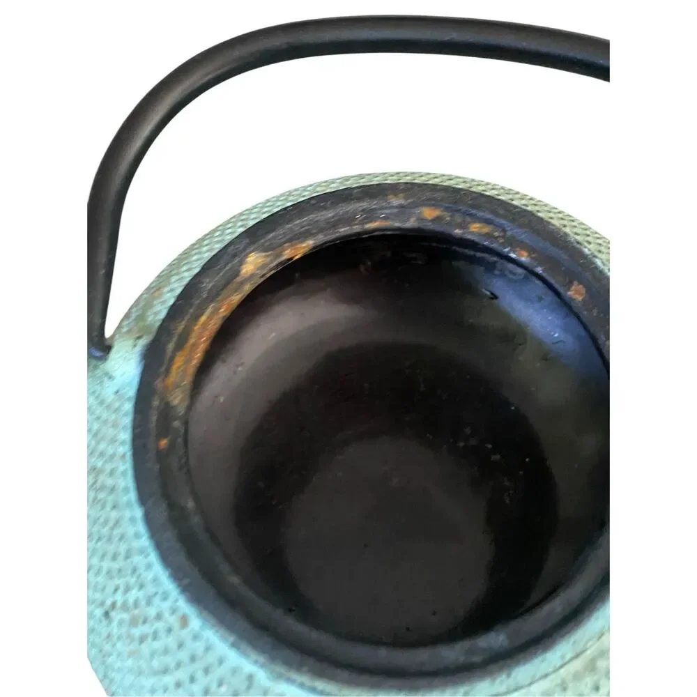Green Cast Iron Tea Pot & Lid Distressed Patina Dot Texture Asian Rustic Decor